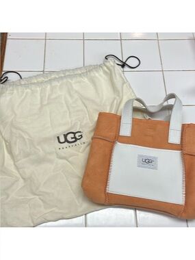 UGG Australia mini grab bag shearling tote, tan suede & white leather accents